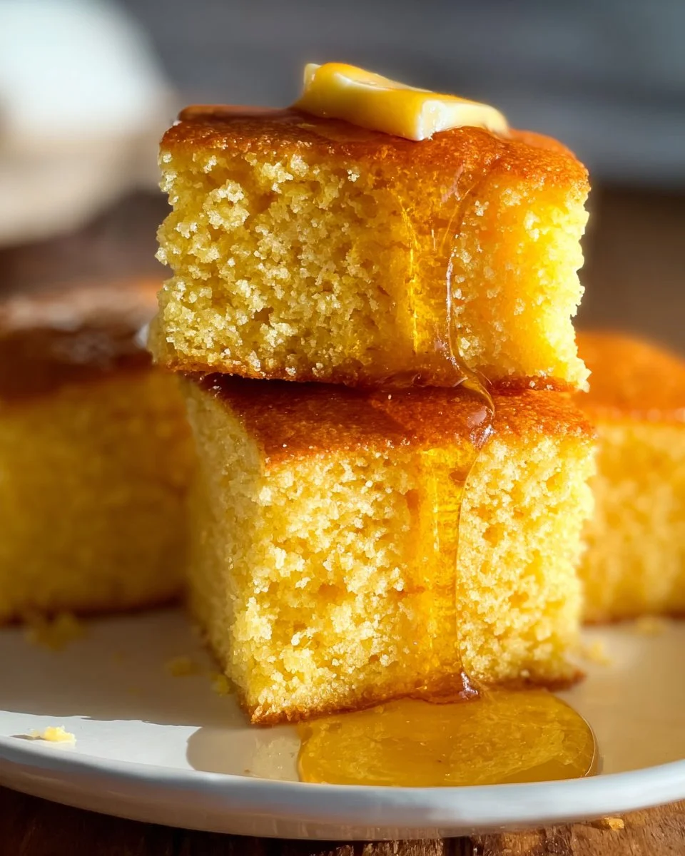 Freshly baked homemade sweet honey cornbread in a rustic setting