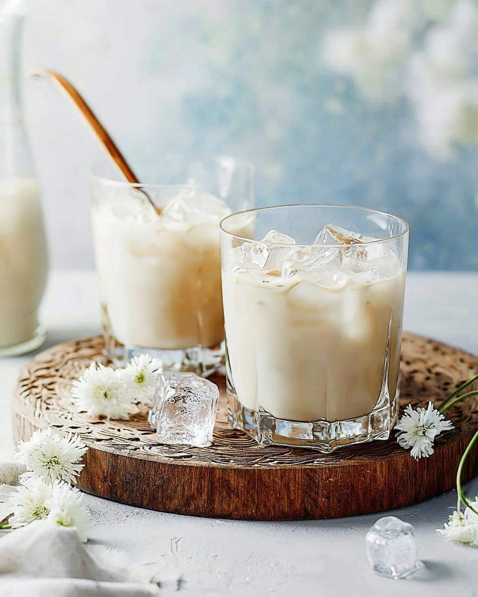 Glass of horchata, a traditional Mexican drink made from rice and spices.