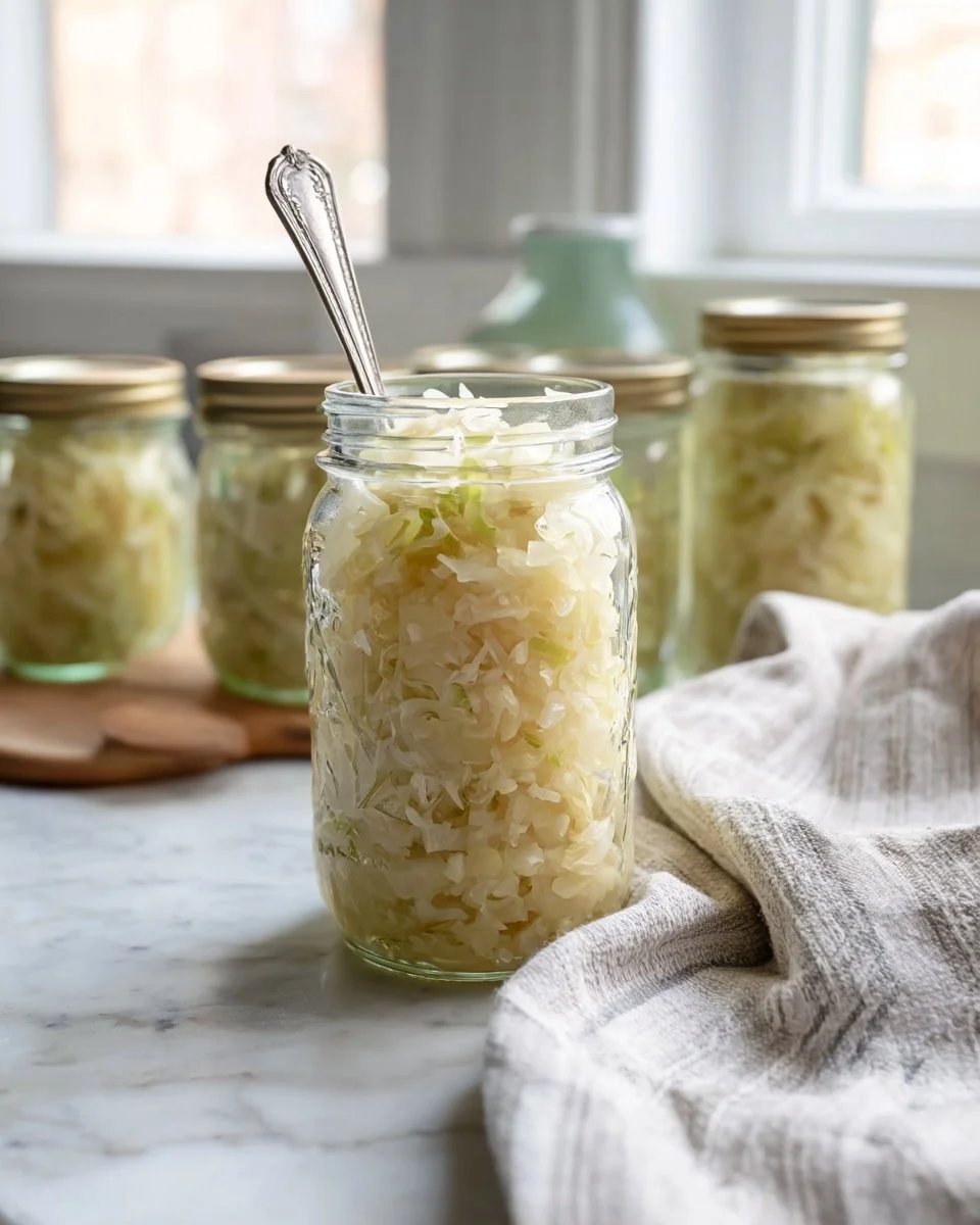 Homemade sauerkraut in a glass jar on a wooden table