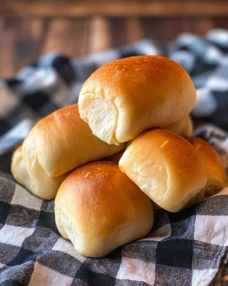 Freshly baked Lion House dinner rolls on a wooden table