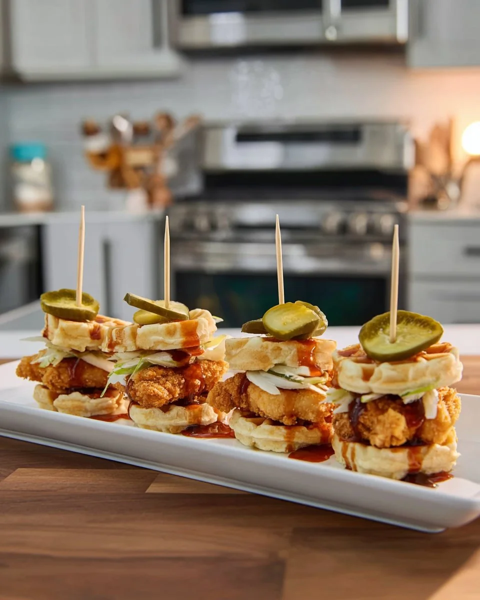 Mini hot chicken and waffle sliders served on a plate.