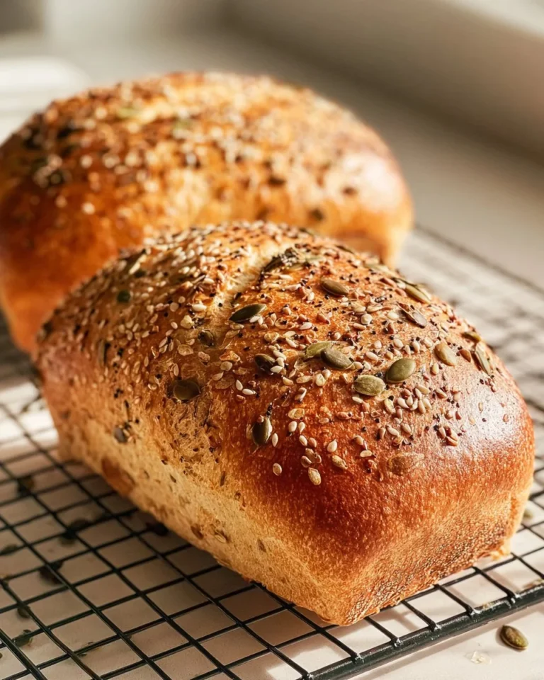 Loaf of Multi-Seed Honey Wheat Bread featuring a golden crust and healthy seeds.