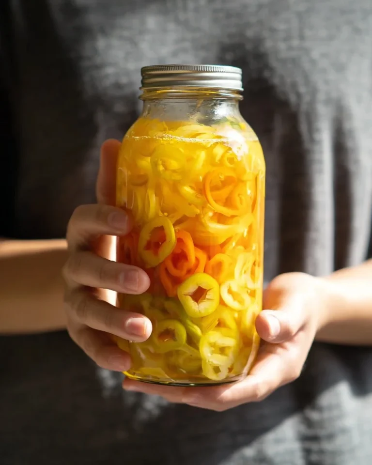 Jar of homemade pickled banana peppers on a wooden table