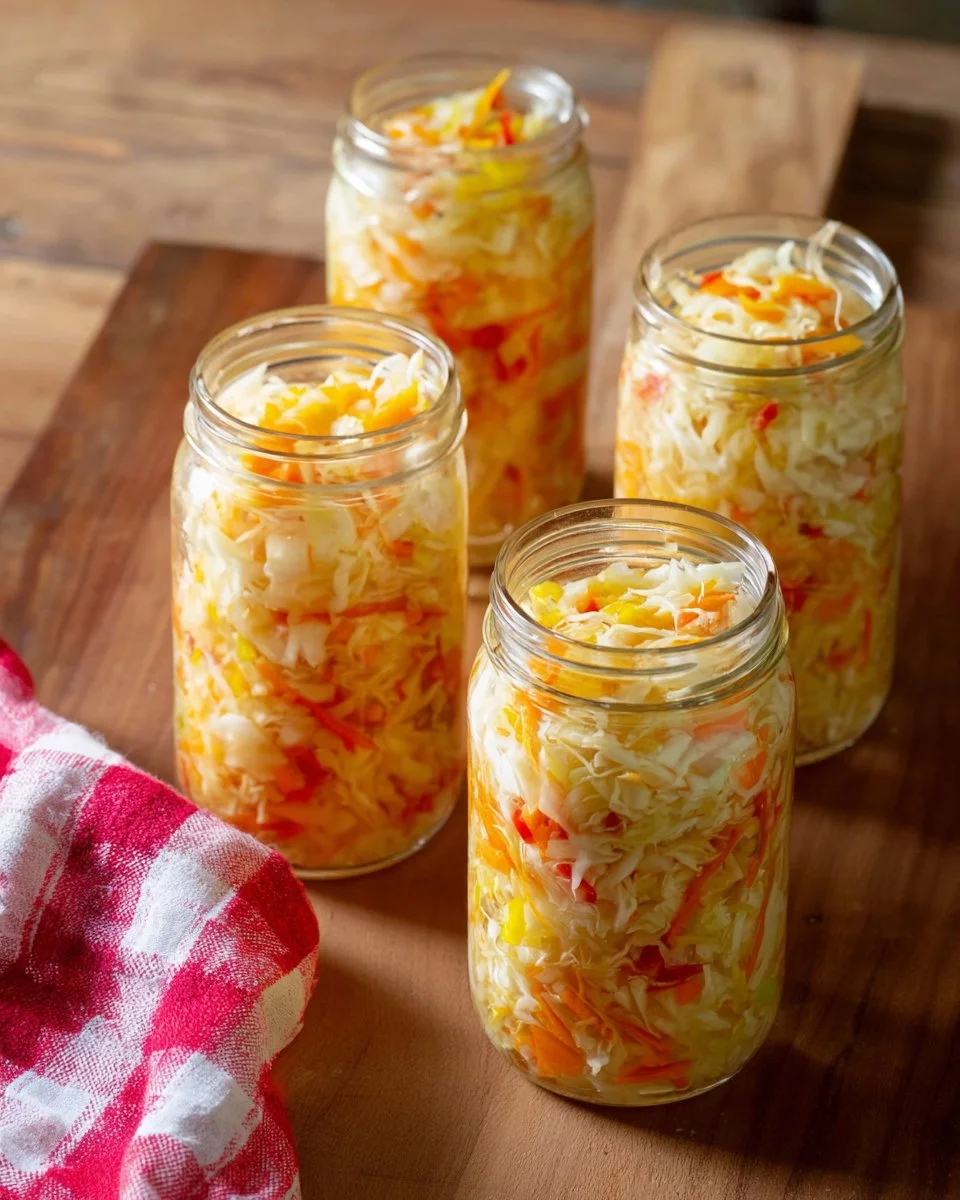 A jar of homemade pickled cabbage with colorful vegetables
