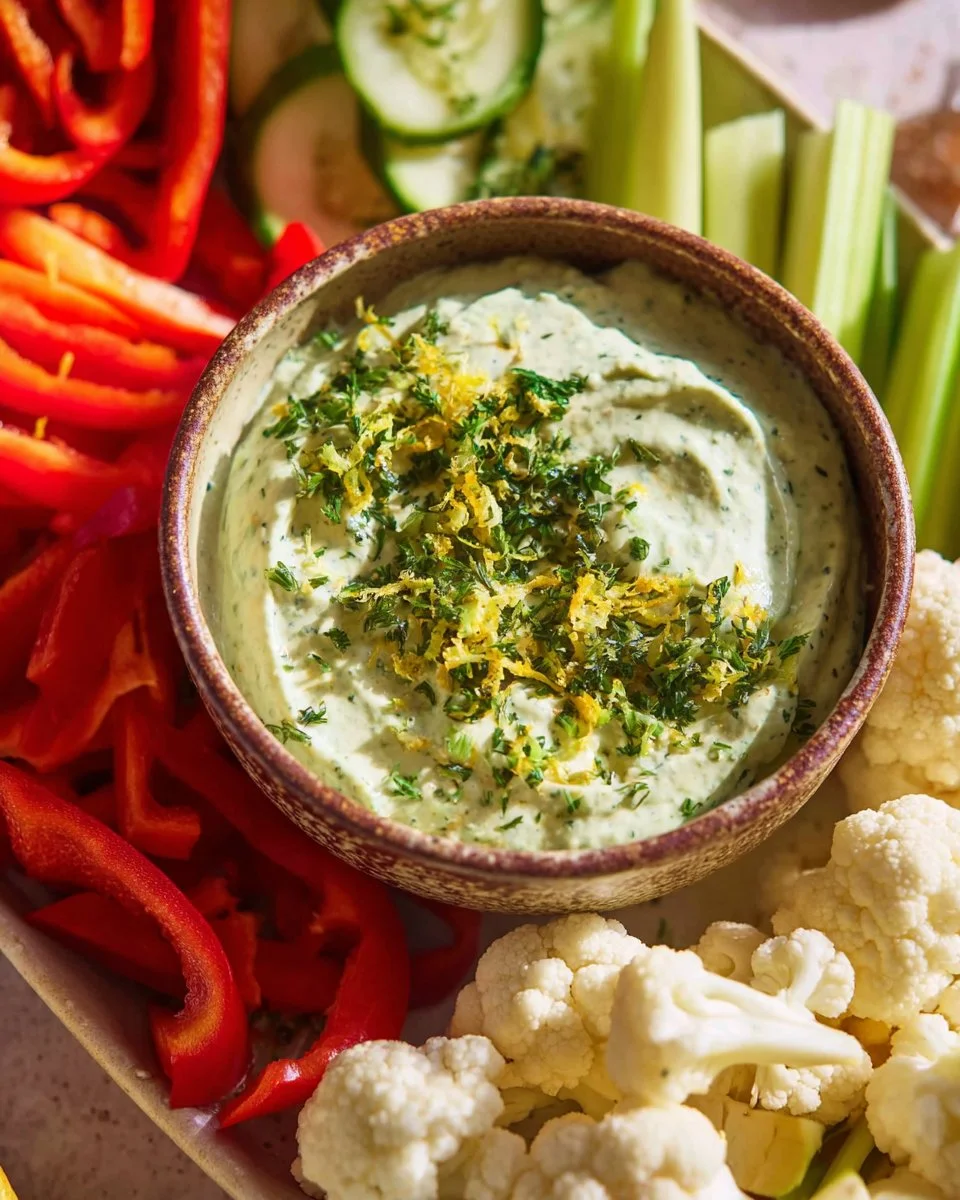 A bowl of Pistachio Butter Tzatziki sauce with fresh herbs and pita bread.