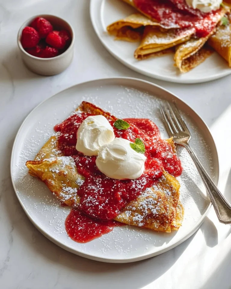 Delicious rye crepes served with rhubarb raspberry ginger compote.