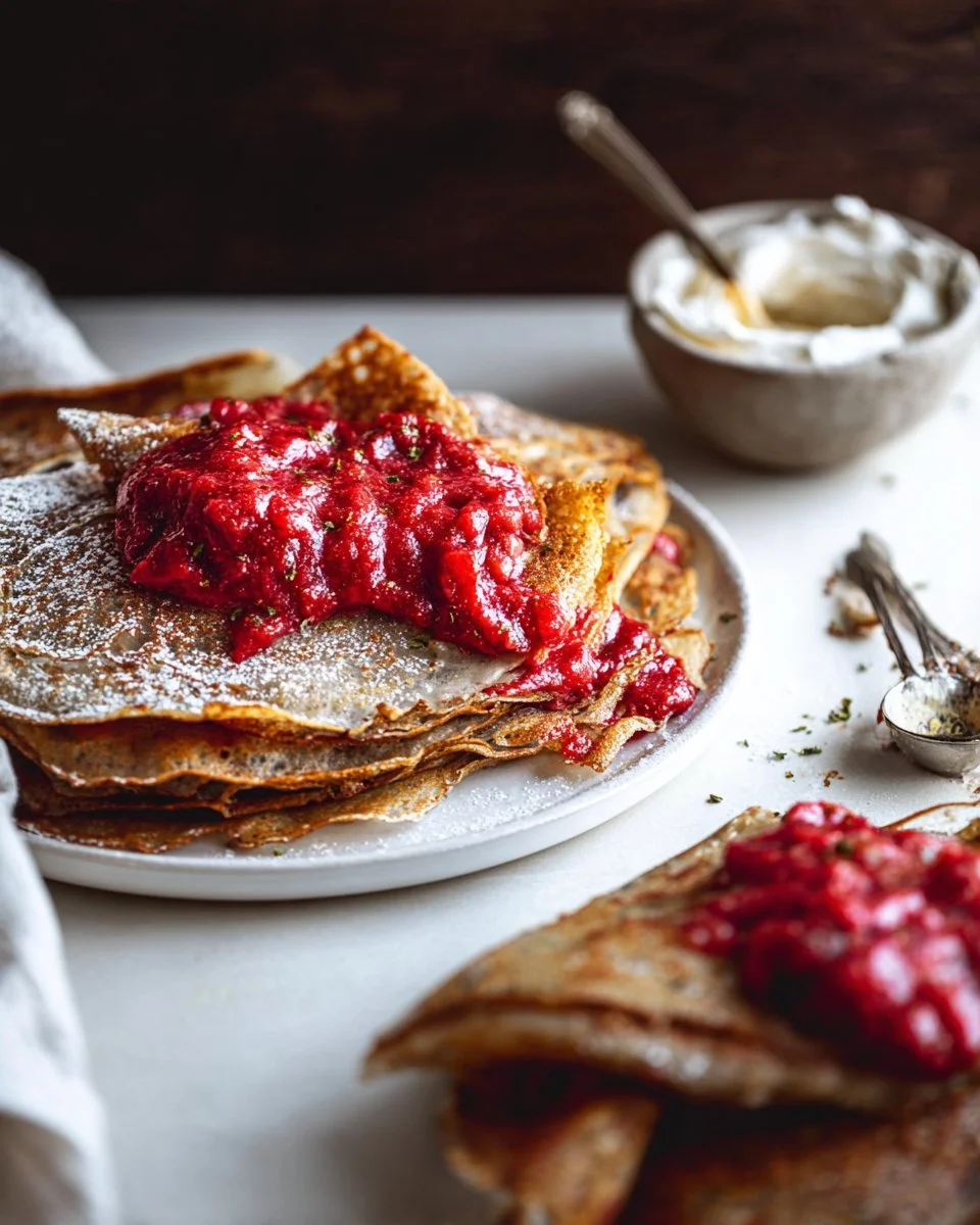 Rye Crepes with Rhubarb Raspberry Ginger Compote