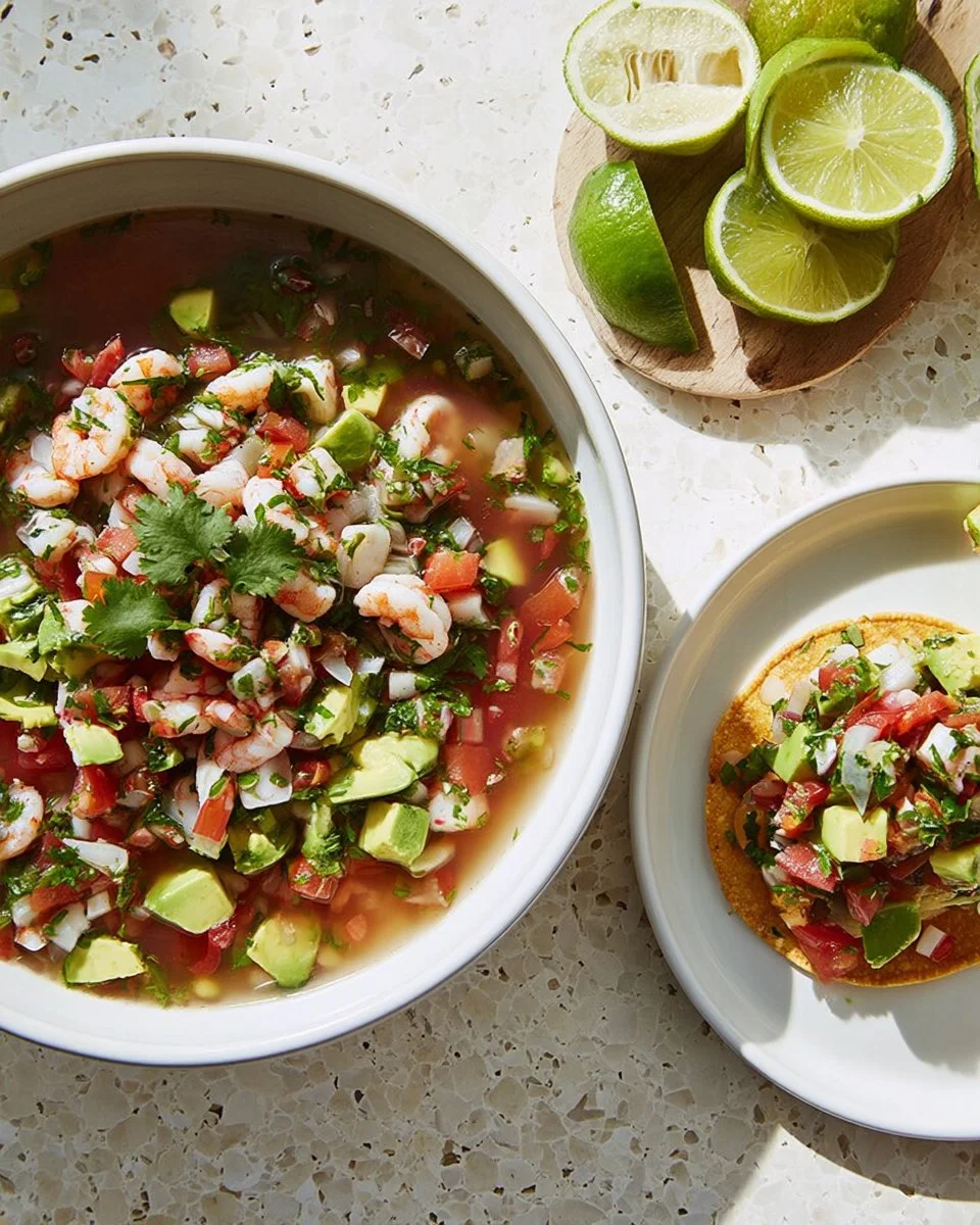 Delicious Sonora Style Shrimp Ceviche served in a bowl with fresh cilantro and lime.