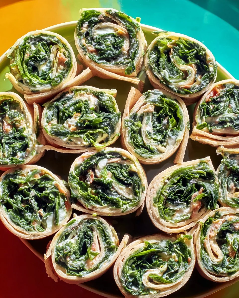 Healthy spinach roll-ups filled with creamy cheese and fresh vegetables