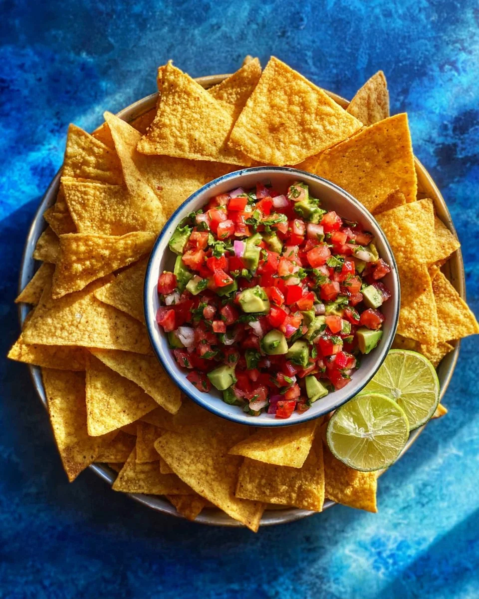 Bowl of fresh Strawberry Avocado Salsa garnished with lime and cilantro