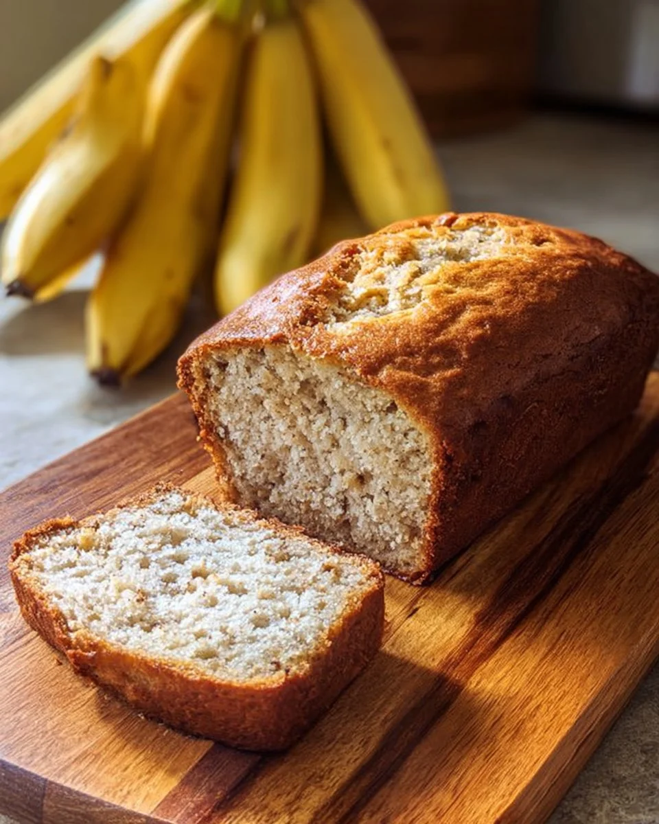 Sliced moist banana bread on a wooden cutting board