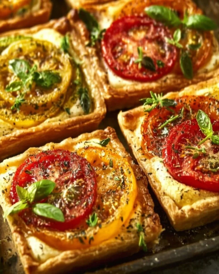 Delicious tomato tartlets with puff pastry on a serving plate