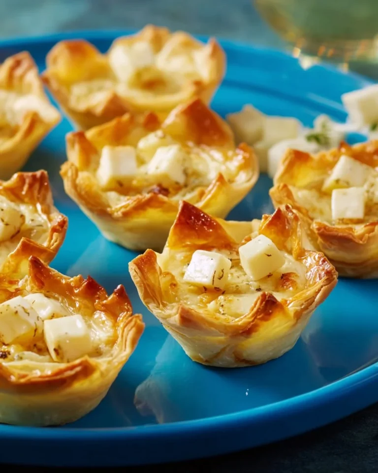 Warm Brie and pear tartlets baked to perfection, garnished with fresh herbs.