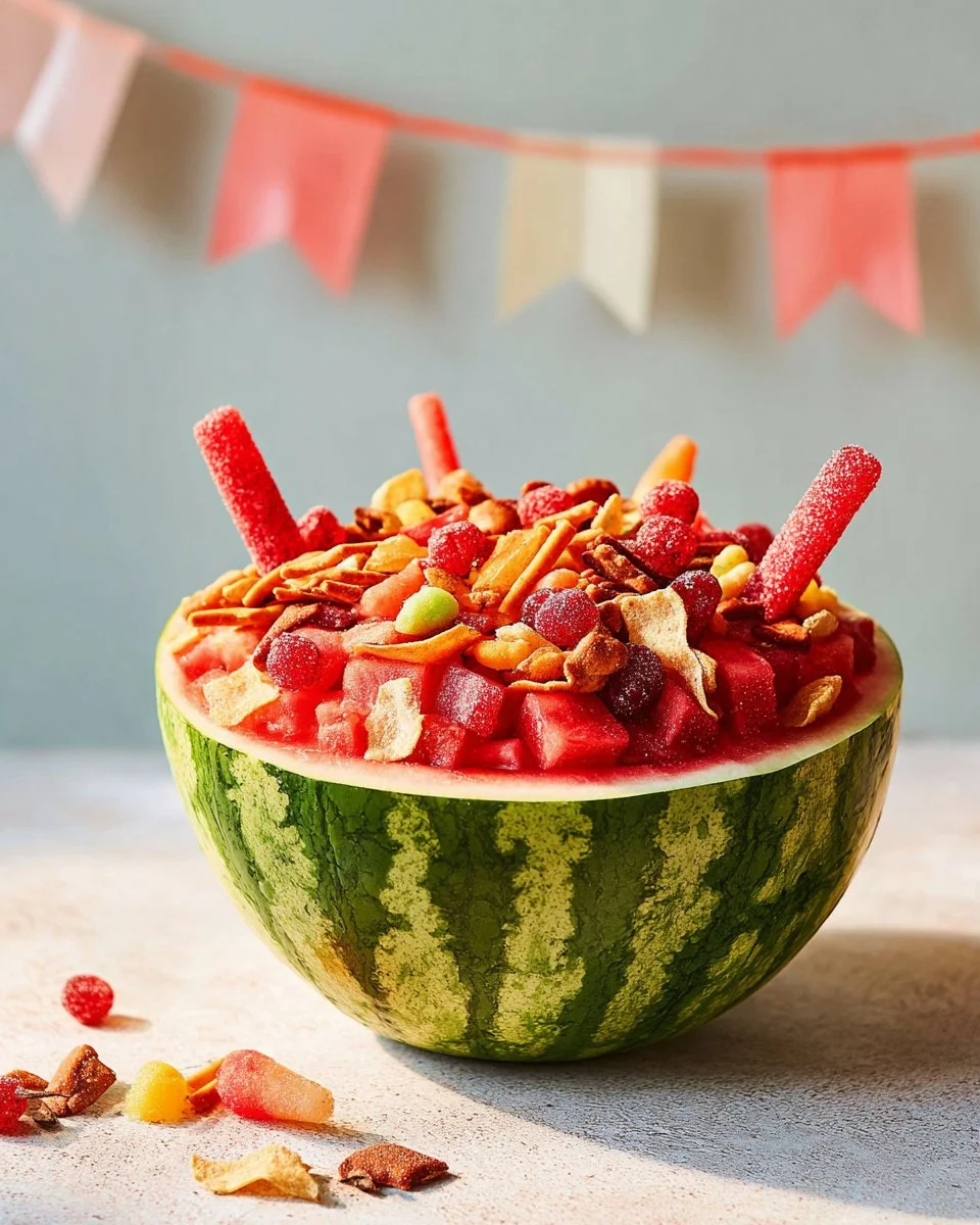 Colorful watermelon fruit salad with mint and feta cheese on a plate
