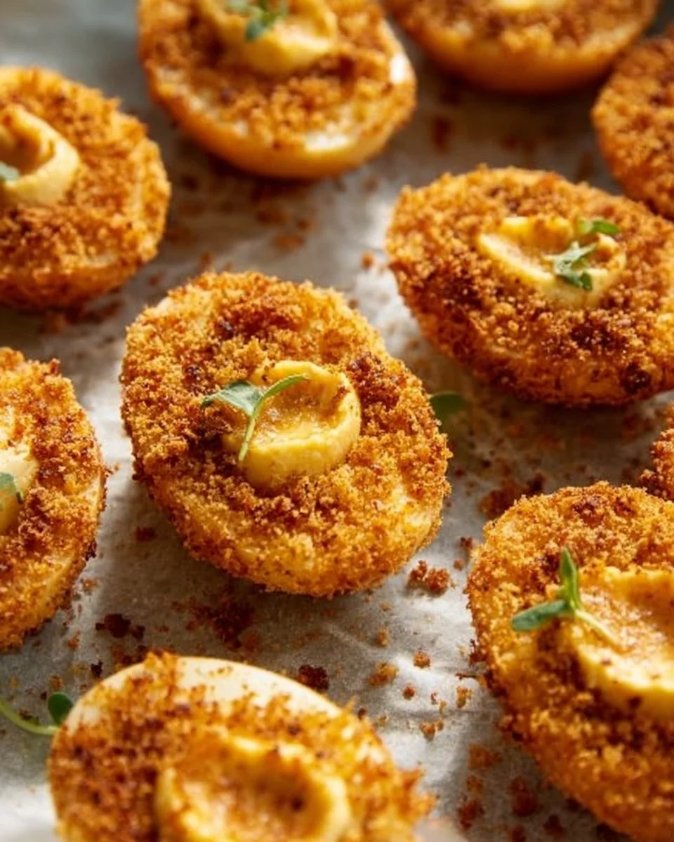 Air Fryer Deviled Eggs on a plate garnished with paprika