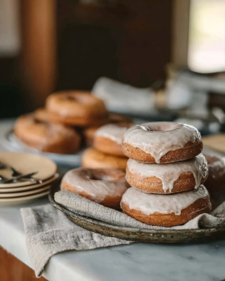 Apple cider baked doughnuts drizzled with maple glaze on a wooden table.