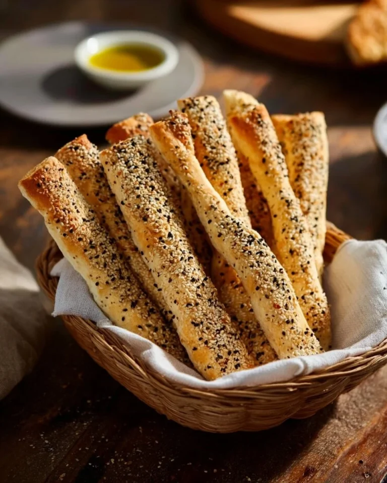 Basket of freshly baked artisan breadsticks, golden and crispy.