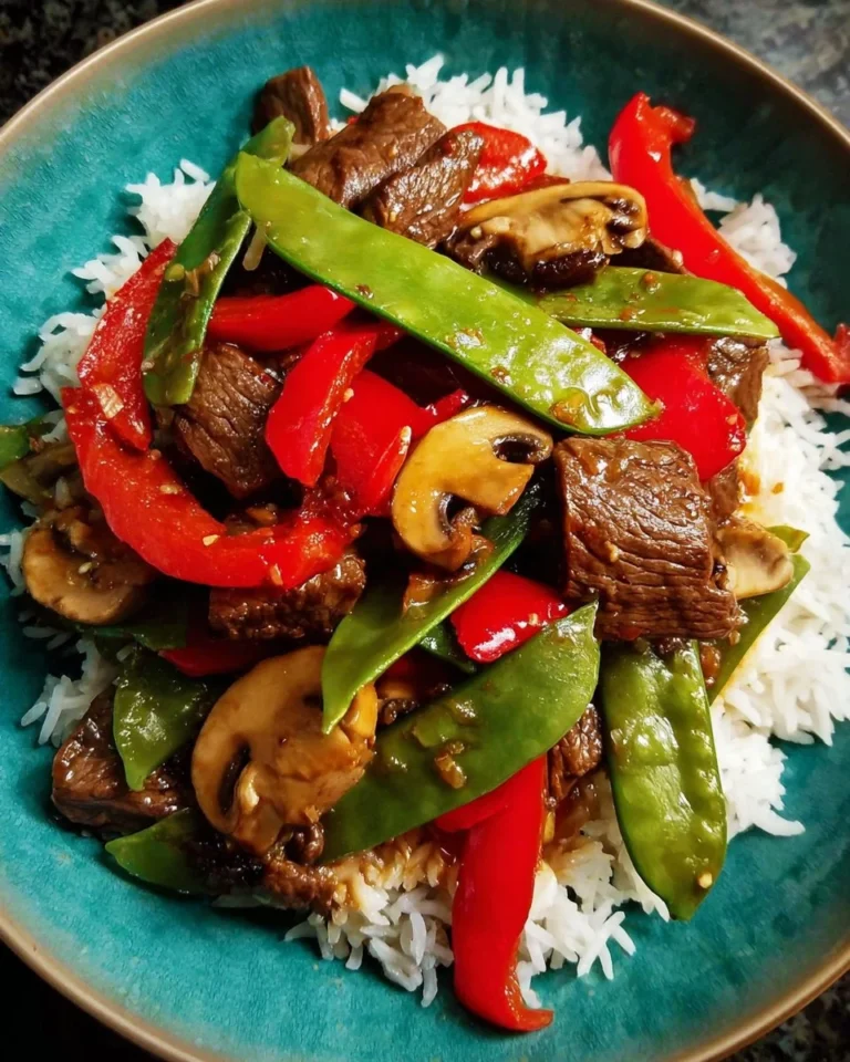 Asian Beef stir-fry with snow peas and colorful vegetables