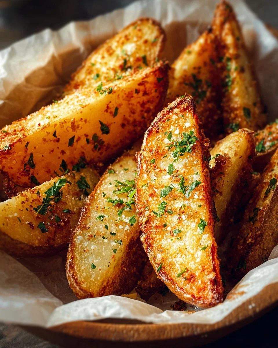 Baked Garlic Parmesan Potato Wedges served in a bowl with herbs