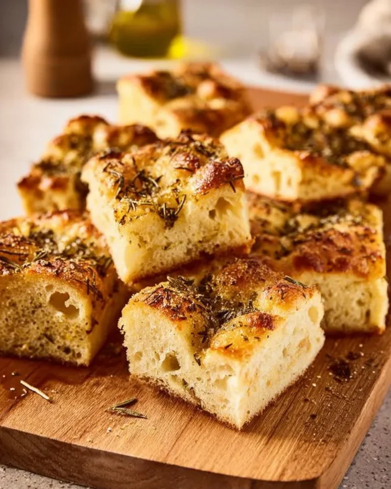 Big and bubbly focaccia bread fresh out of the oven