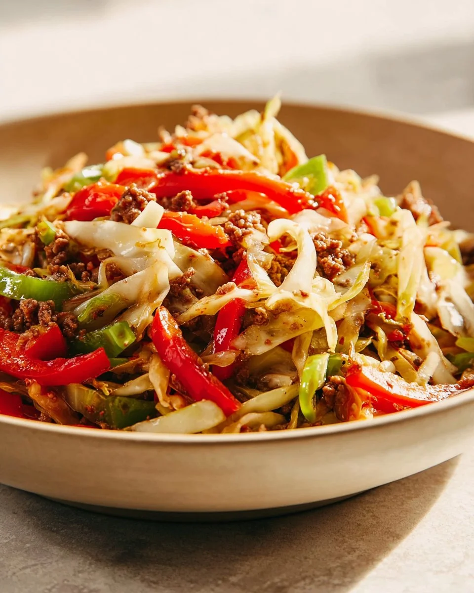 Delicious black pepper beef and cabbage stir fry served in a bowl.