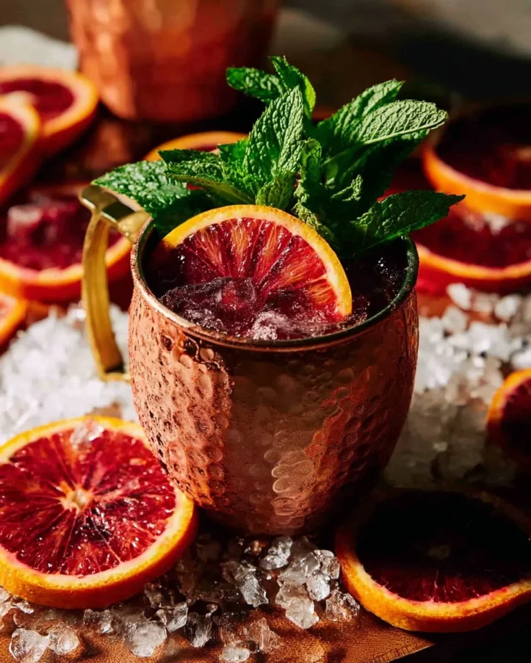 Blood Orange Mexican Mule cocktail garnished with citrus in a copper mug.