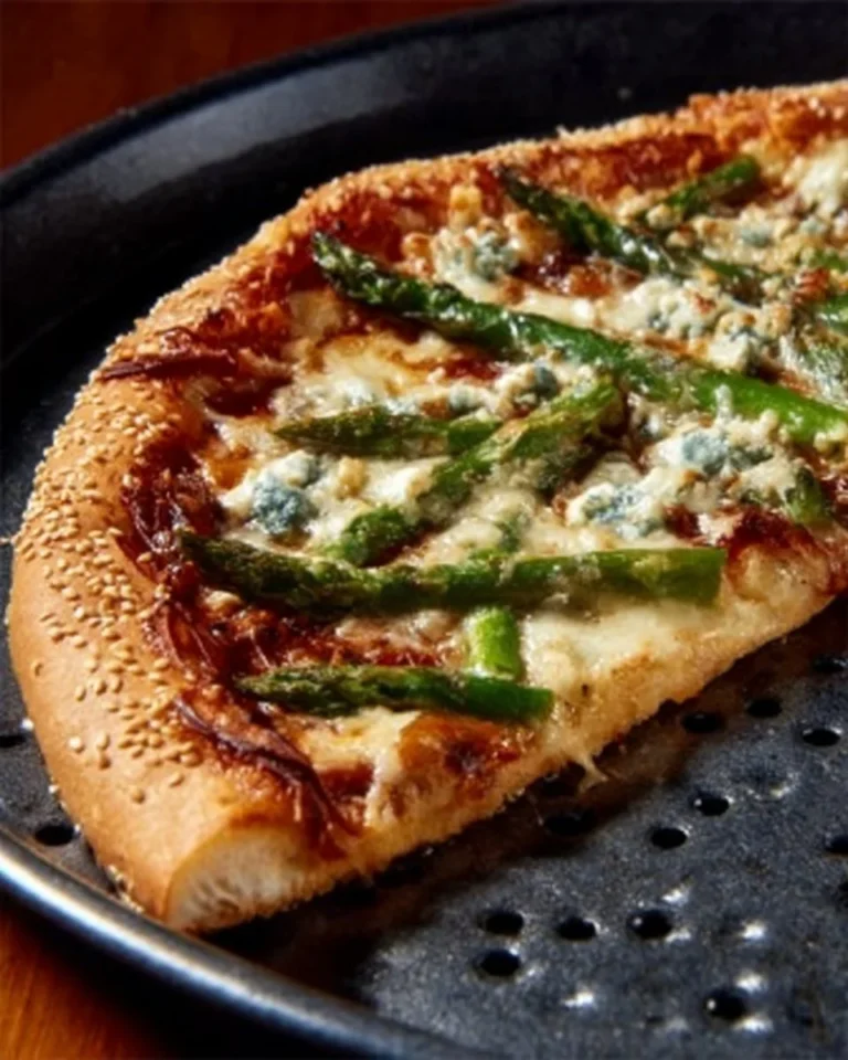 Delicious Blue Cheese Pizza with fresh asparagus topping