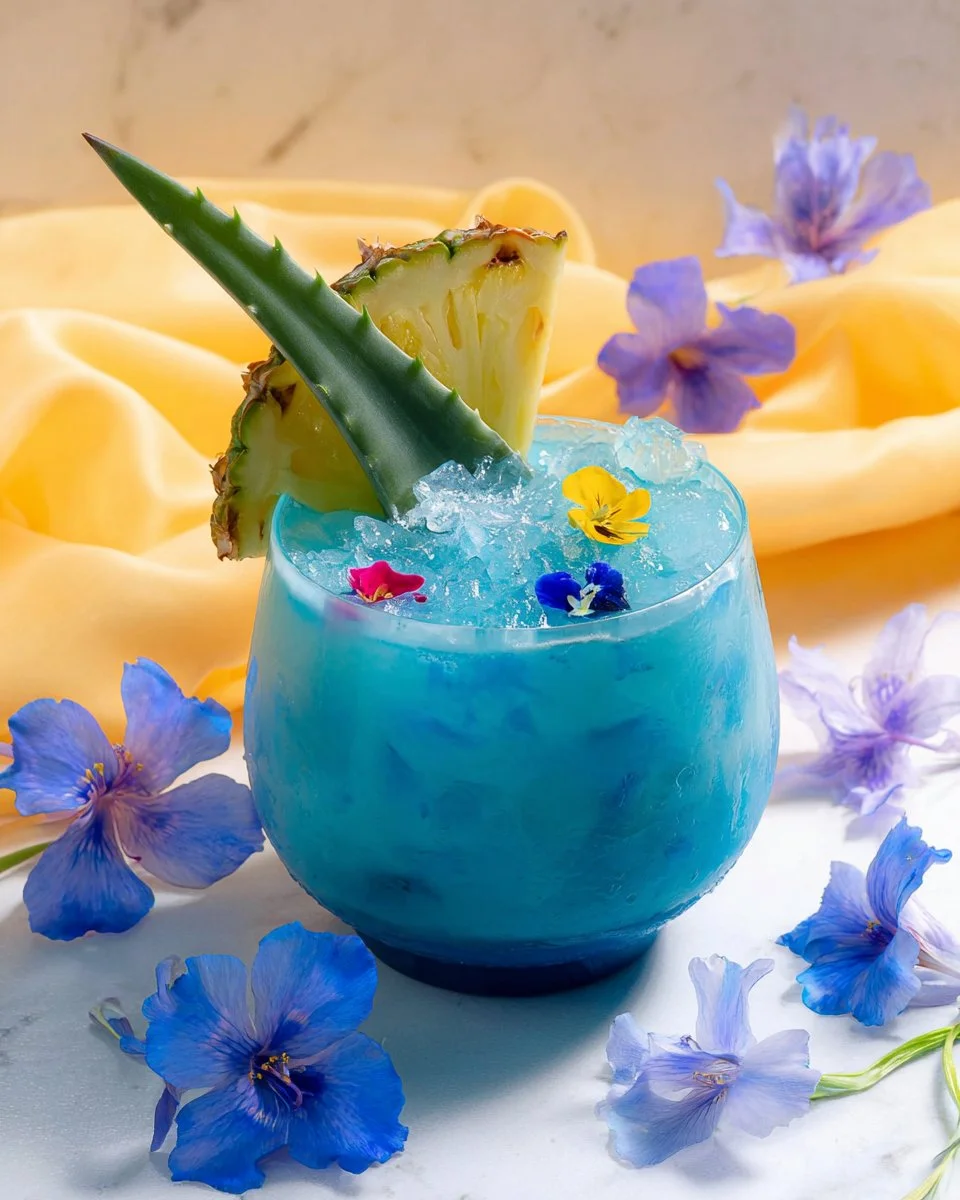 Classic Blue Hawaii Mocktail served in a tropical setting