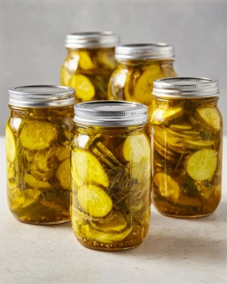Homemade Bread and Butter Pickles in a glass jar with fresh ingredients.