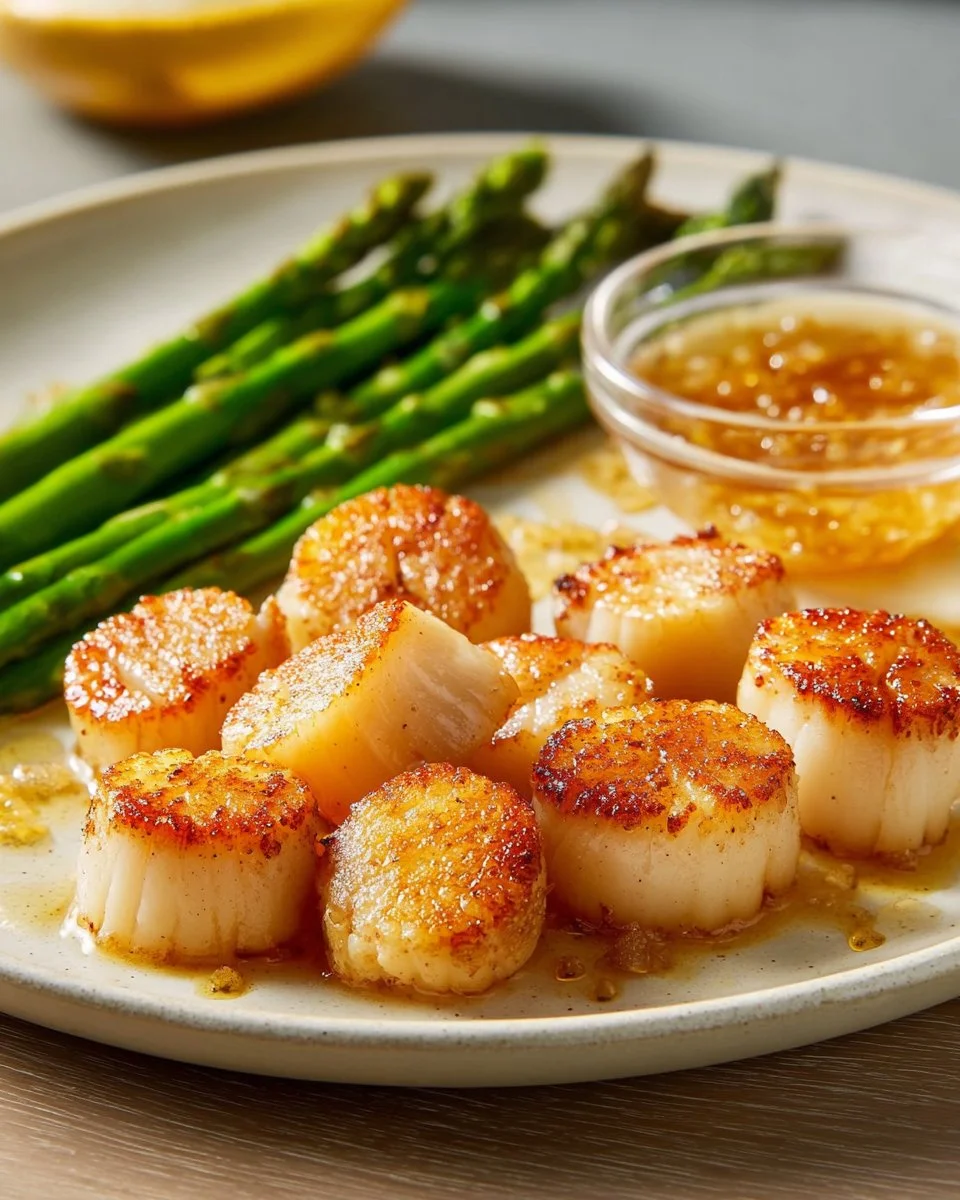 Deliciously broiled scallops served on a plate with garnishing.