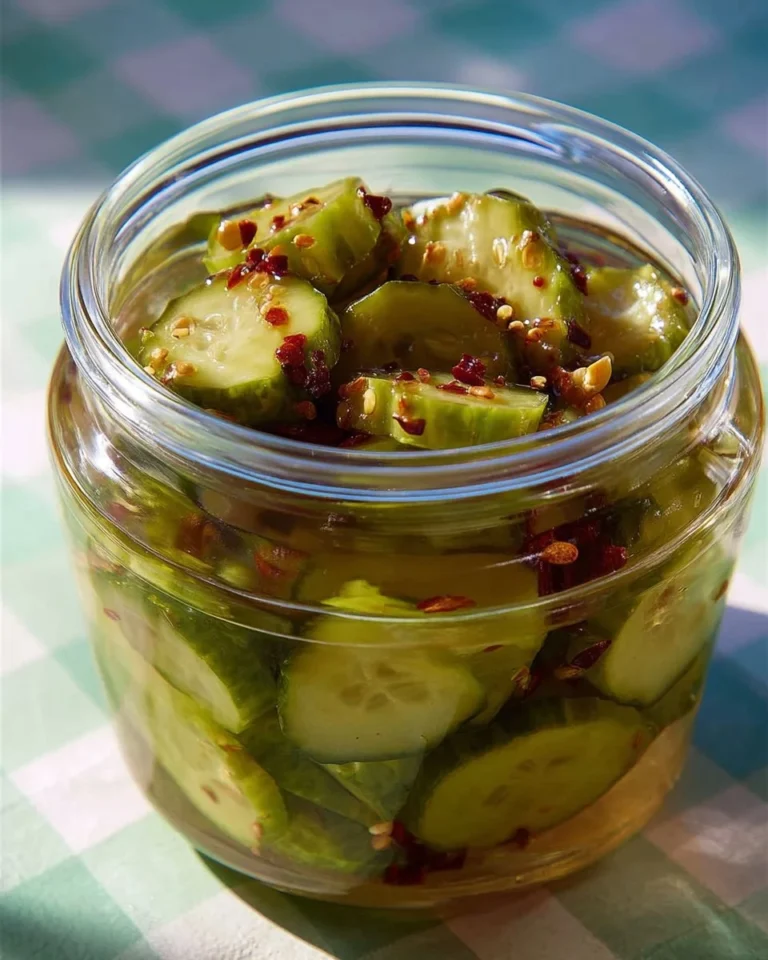 Jar of homemade candied dills with spices and a sweet syrup