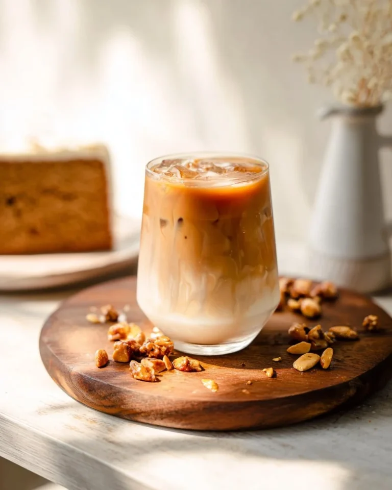 Carrot Cake Latte with Cream Cheese Cold Foam served in a cozy cafe setting