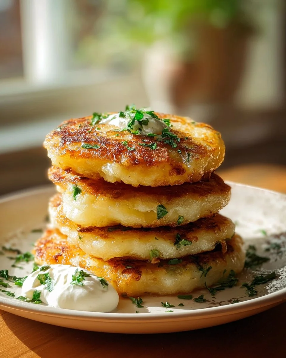 Crispy cheesy potato latkes served on a plate, garnished for a delightful meal.