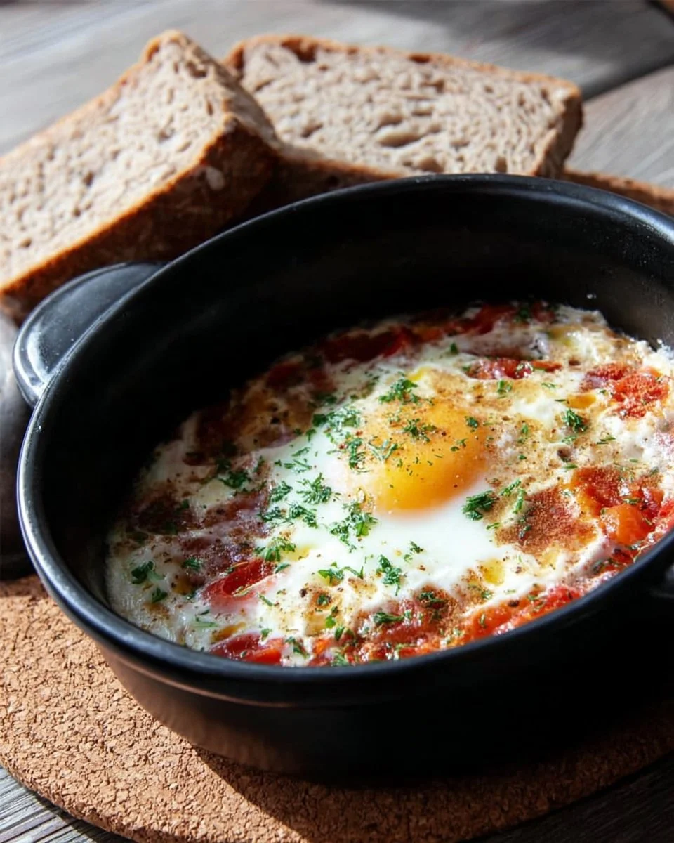 Delicious baked eggs recipe by Chef John served in a rustic dish.