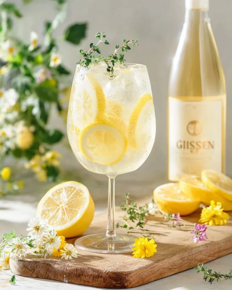 Chilled Chamomile Spritz beverage served in a glass with fresh herbs and ice