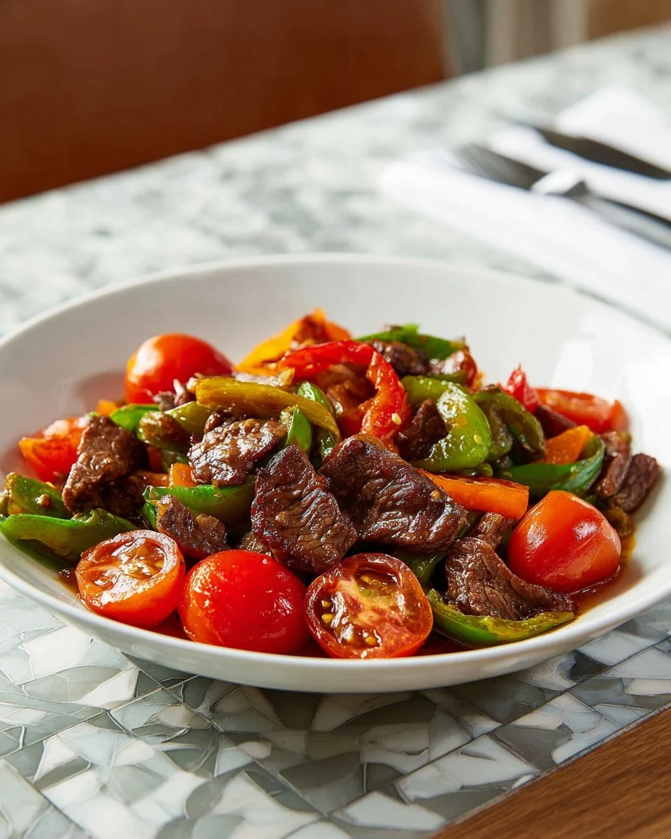 Delicious Chinese Pepper Steak with tender beef and colorful bell peppers