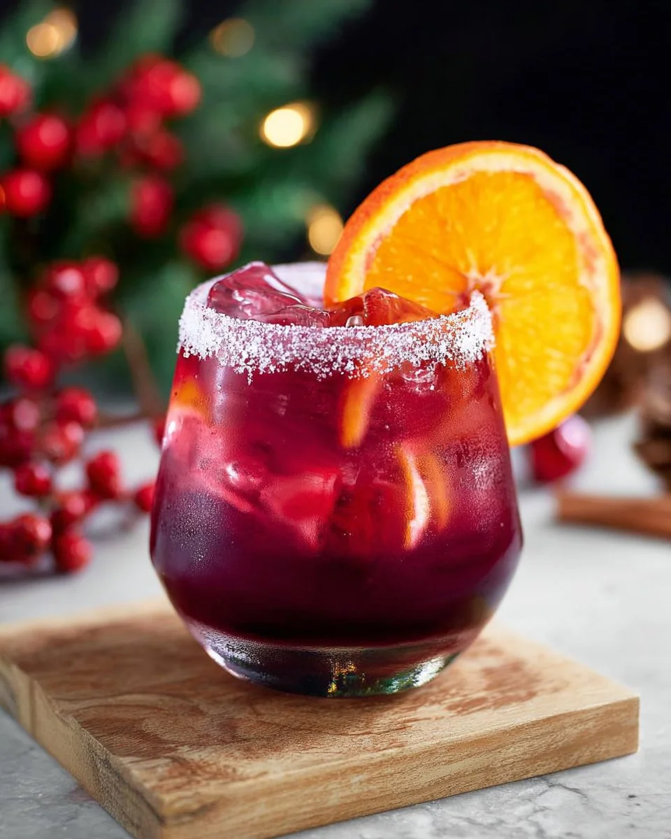 Festive Christmas Pudding Mocktail in a glass, garnished with berries and mint.