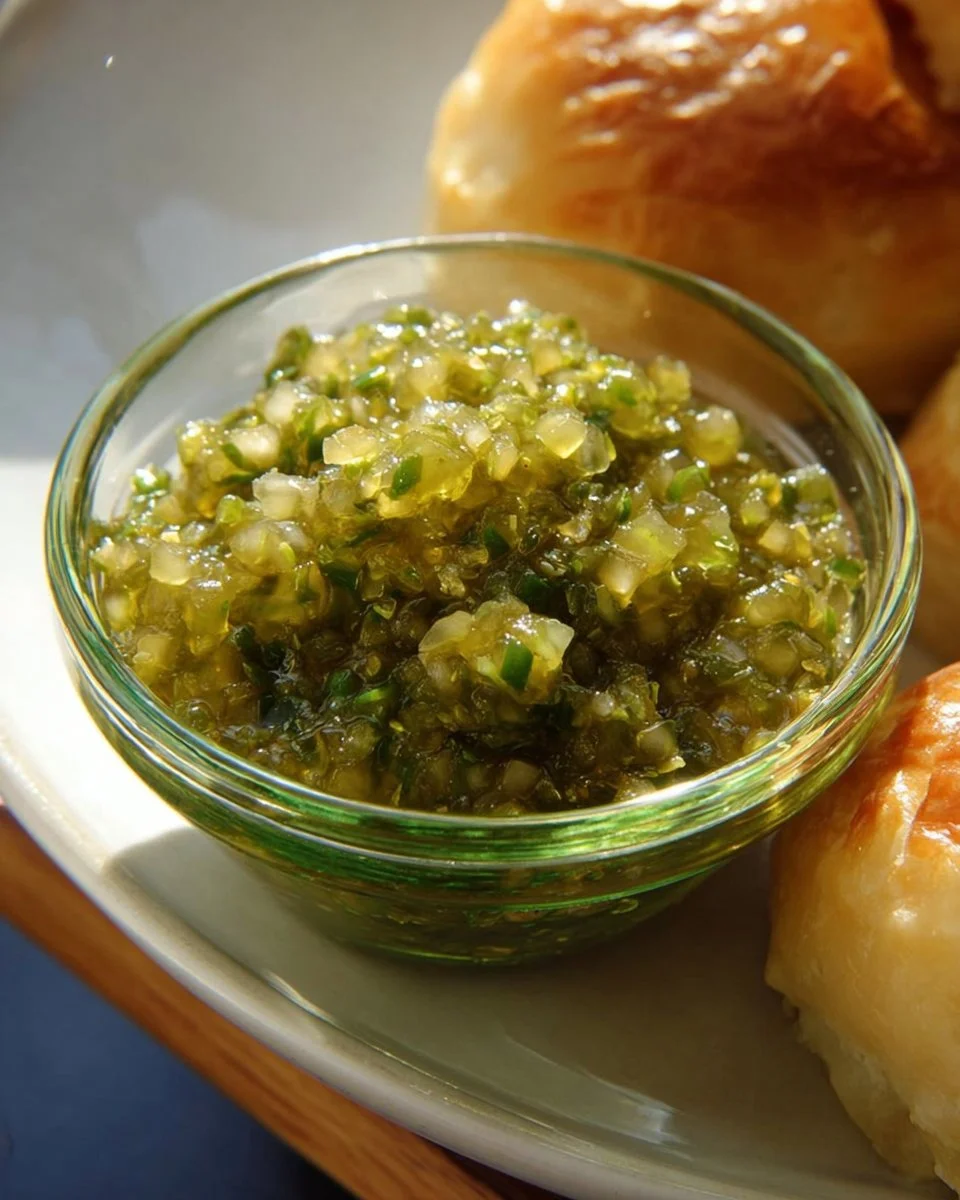 Jar of Christopholofigus' Infamous Jalapeño Relish on a kitchen countertop