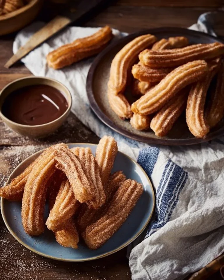 Golden crispy churros dusted with sugar and served with chocolate sauce.