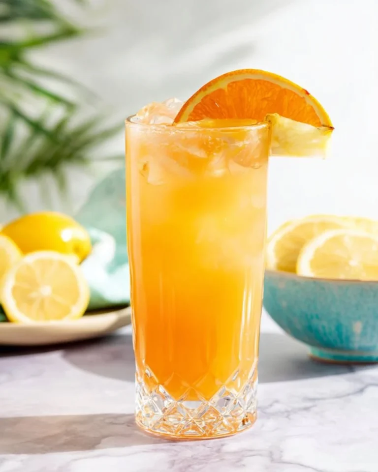 A refreshing Cinderella Mocktail served in a glass with fruit garnishes.