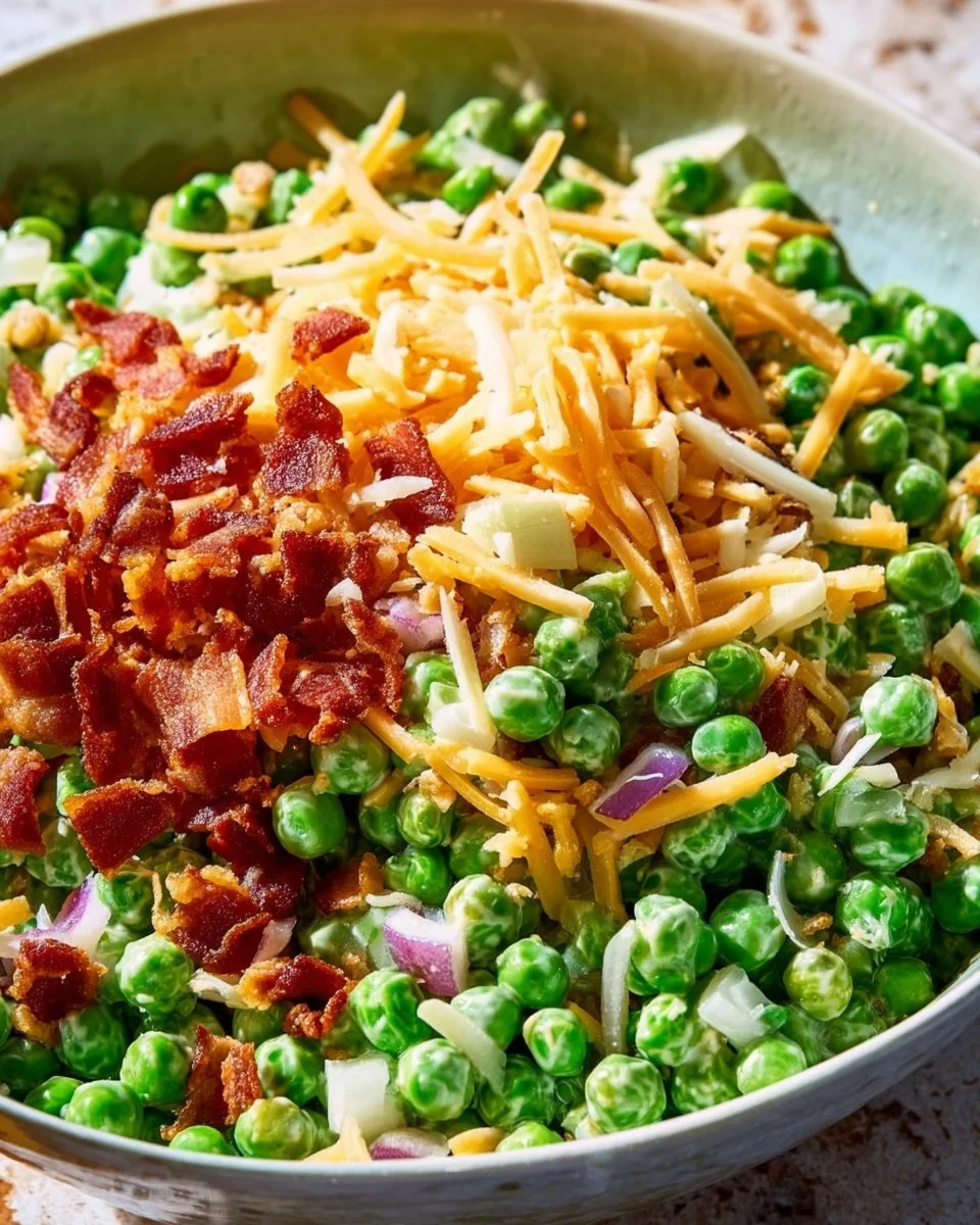 Delicious Classic Pea Salad with Bacon served in a bowl