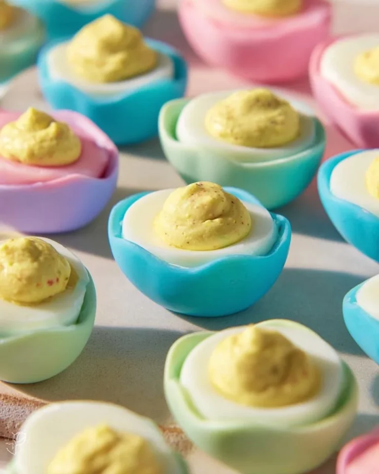 Vibrant Colored Deviled Eggs garnished with fresh herbs on a platter.