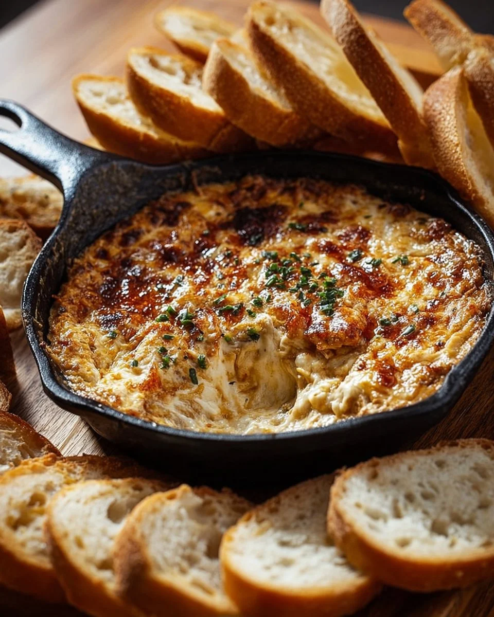 Creamy baked caramelized onion dip in a serving dish for parties