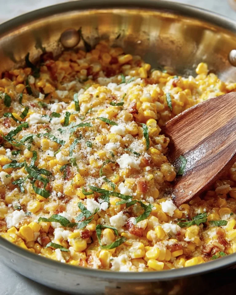 Creamy sweet corn dish topped with crispy pancetta served in a bowl.
