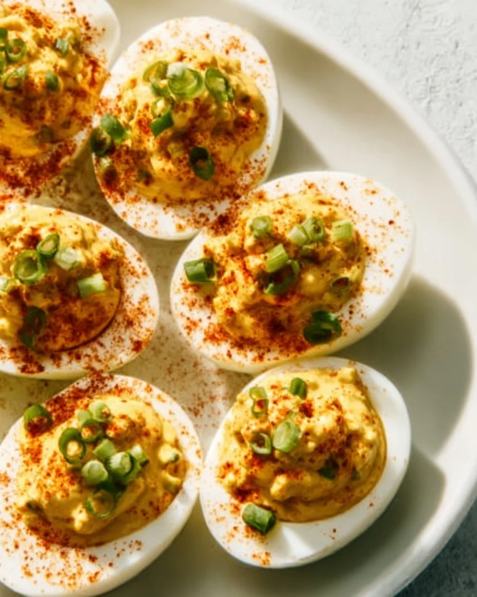 Plate of Creole Deviled Eggs topped with spices and garnishes.