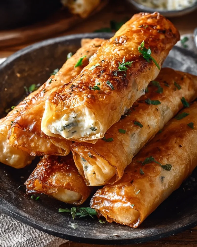 Crispy cheese and turkey ham phyllo rolls on a plate
