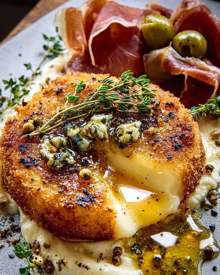 Crispy Fried Brie with Pepper Honey, Warm Lemon-Herb Olives & Prosciutto