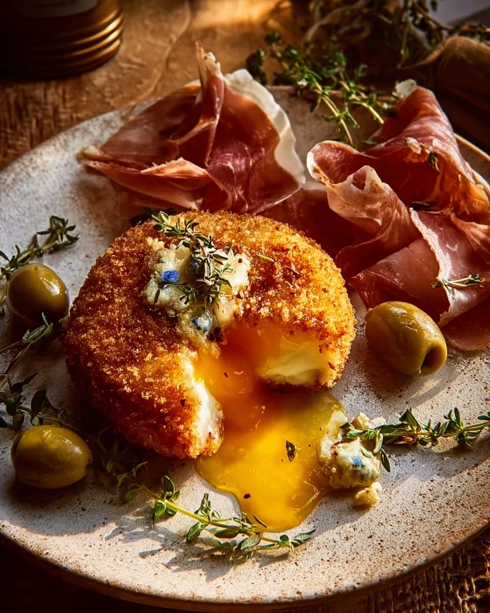 Crispy Fried Brie with Pepper Honey, Warm Lemon-Herb Olives & Prosciutto