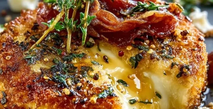 Crispy Fried Brie with Pepper Honey, Warm Lemon-Herb Olives & Prosciutto