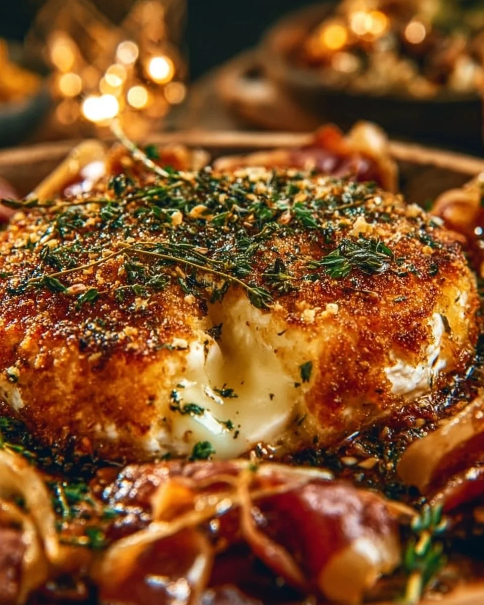 Crispy Fried Brie with Pepper Honey, Warm Lemon-Herb Olives & Prosciutto